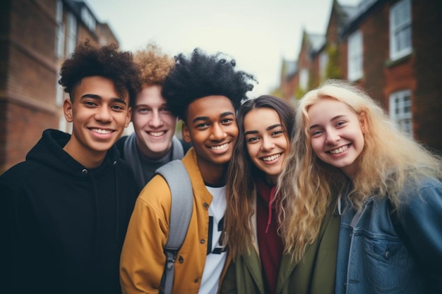 a group of friends are standing in a row and smiling.