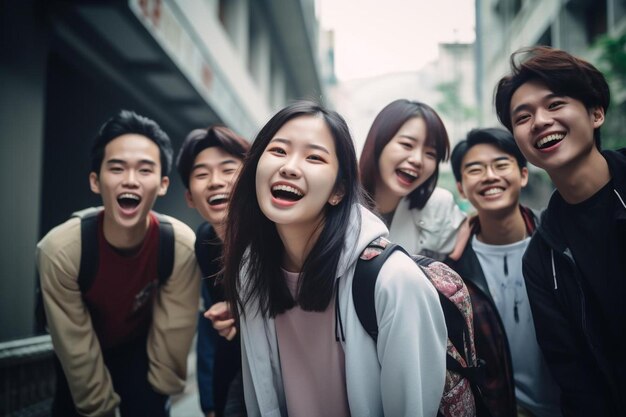 a group of friends are standing together in the street.