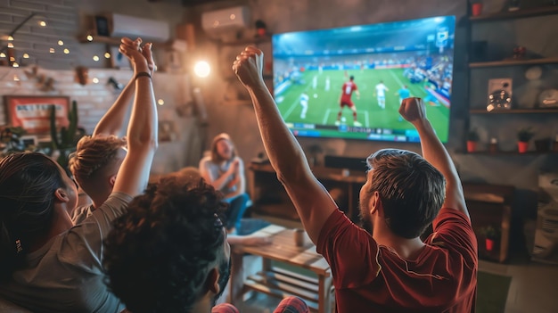 A group of friends are watching a football match on TV They are all excited and cheering for their team