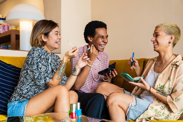 Photo group of friends bonding at home lgbtq and diversity concepts