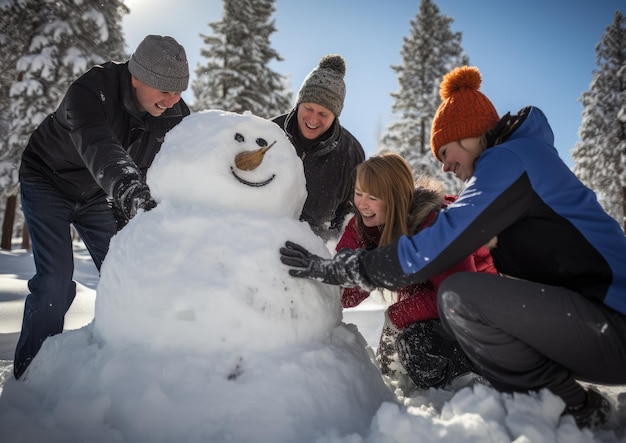 A group of friends building a snowman in a snowy park The camera angle is from a low perspective c