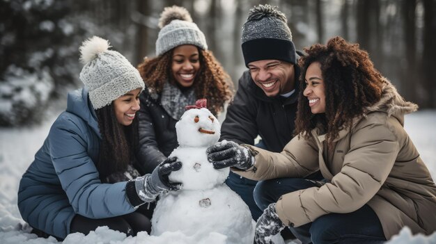 A group of friends building a snowman in winter attire