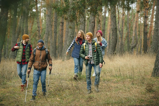 Group of friends on a camping or hiking trip in autumn day