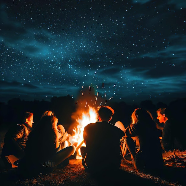 A group of friends camping in the jungle at night