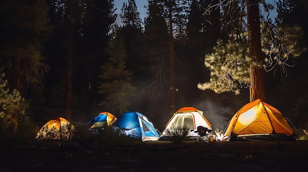a group of friends camping in the woods they have set up their tents and are cooking over a campfire the stars are out and the moon is shining