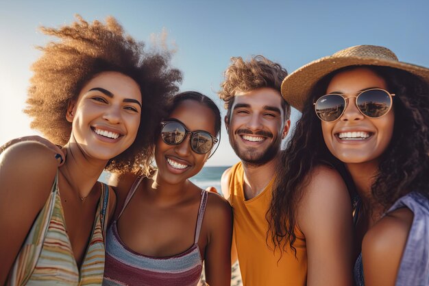 Un gruppo di amici che si divertono sinceramente in una vacanza in spiaggia sorridendo ampiamente di gioia e gratitudine incarnando la felicità dal sereno oceano generative ai