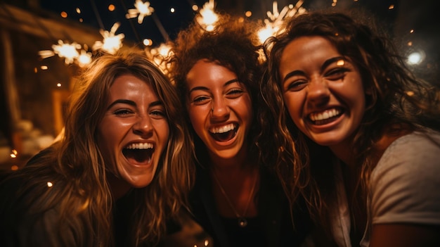 A group of friends celebrates a night with fireworks New Year39s Eve celebration