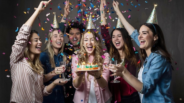Group of friends celebrating birthday with confetti