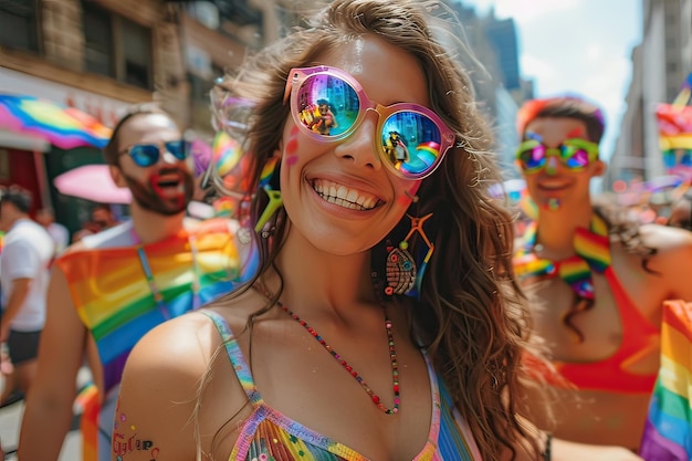 Group of friends celebrating LGBTQ Pride Parade together Generative AI