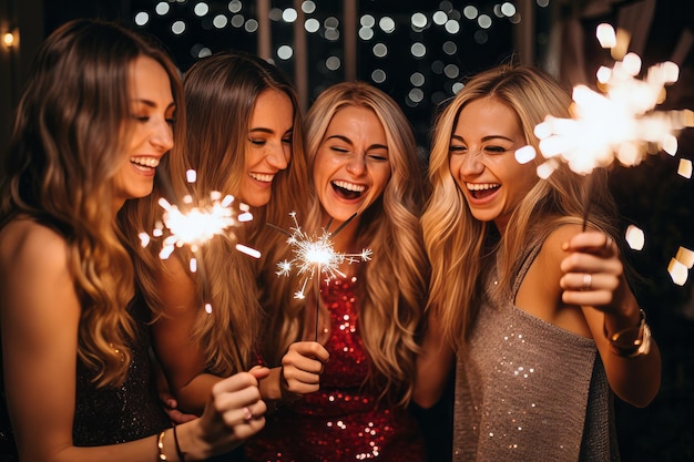 A group of friends celebrating a night out with sparklers new years eve celebration