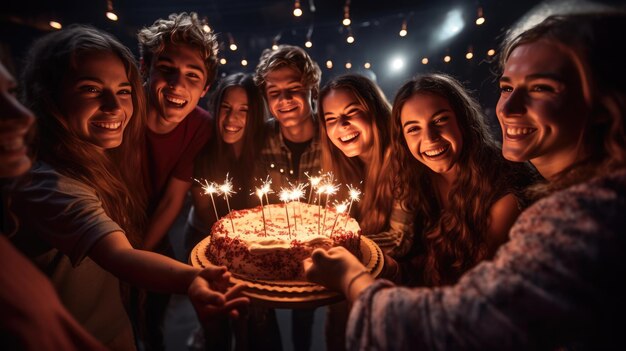 Group of friends celebrating an outdoor birthday party at night Created with Generative AI technology