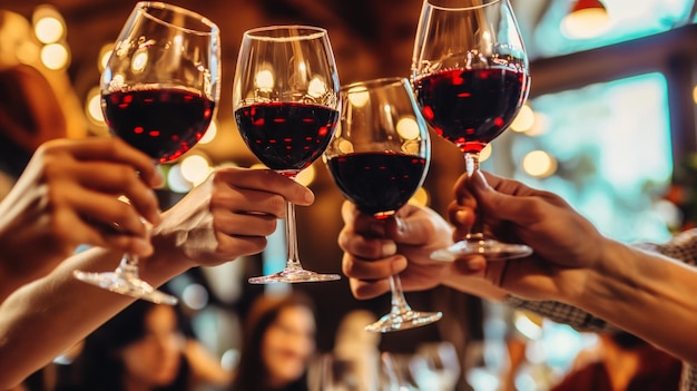 Group of friends celebrating and raising glasses of wine at a party