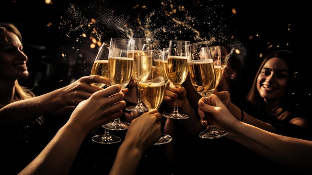 Группа друзей празднует с шампанским и искрами на вечеринке