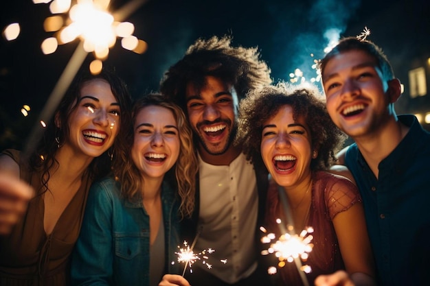 Photo a group of friends celebrating with fireworks in the background