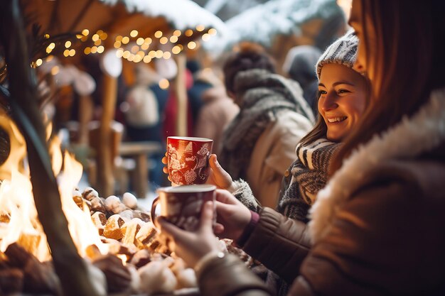 Photo group of friends chatting and drinking hot drinks in the evening at the christmas market