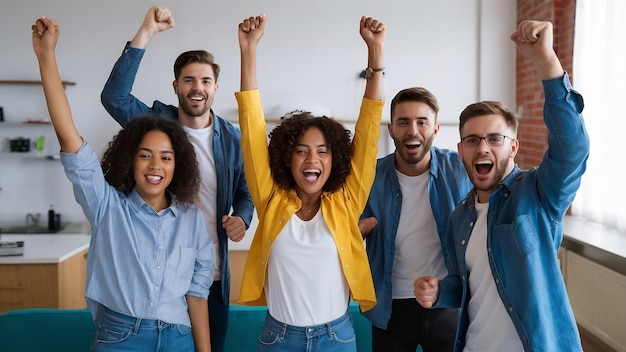 Group of friends cheering at home