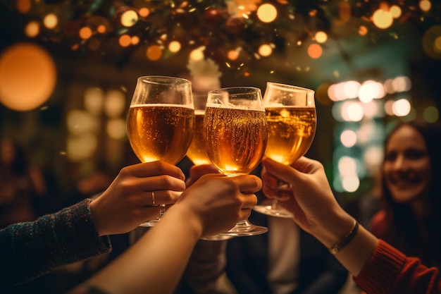 Group of friends clinking glasses of beer at party with AI generated