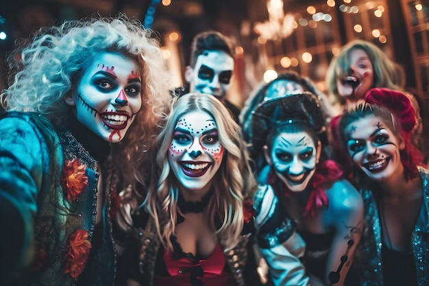 group of friends in creative and spooky costumes in Halloween party