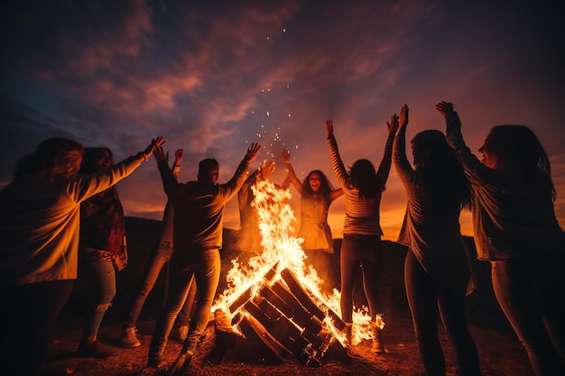 Photo a group of friends dancing around a bonfire on the