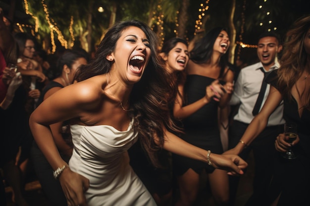 A group of friends dancing in a party with the brides laughing and laughing.