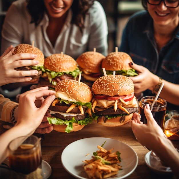 Group of friends eating at fast food with friends