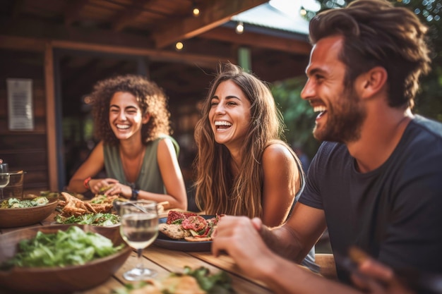 Group of friends embrace entomophagy sharing a meal with edible insects laughing and enjoying