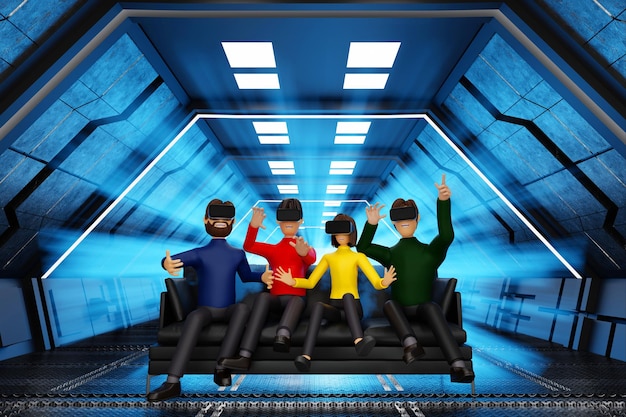 Group of friends enjoy virtual reality with VR glasses in sci fi spaceship cinema gamming 3D render