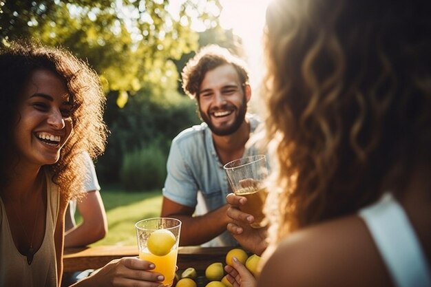 Photo a group of friends enjoying apple juice at a summer picnic in the park