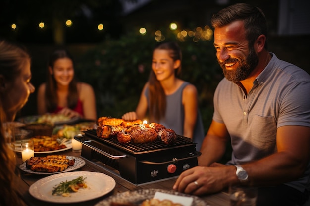 Group of Friends Enjoying Barbecue in Lush Green Garden