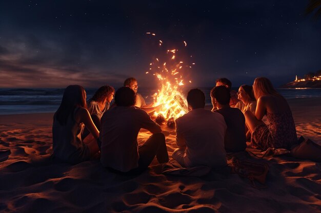 Photo group of friends enjoying a beach bonfire under generative ai