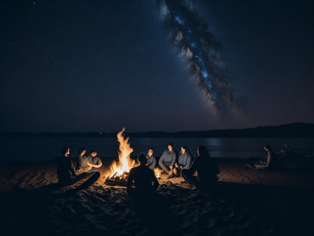 A group of friends enjoying a bonfire on the beach under a starry night sky