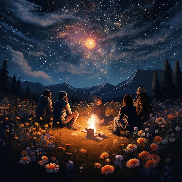 A group of friends enjoying a bonfire under a starry night sky surrounded by wildflowers