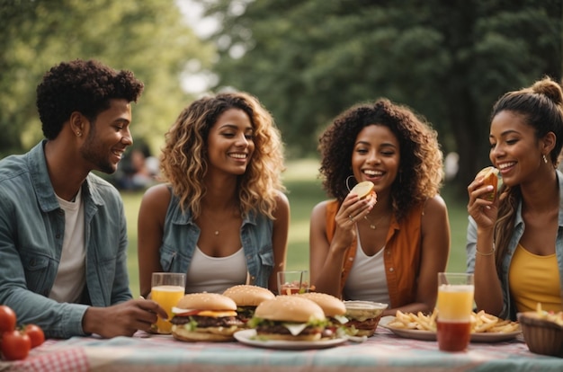 Photo group of friends enjoying burgers at a picnic