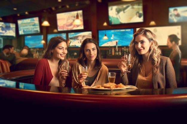 Group of friends enjoying a chat and a few drinks in a typical American sports bar Ai generated