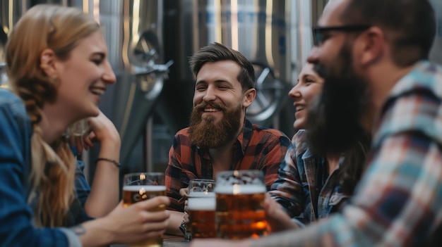 Photo group of friends enjoying craft beer at a brewery