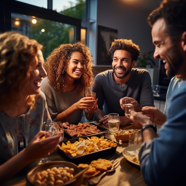 Group of friends enjoying drinks and snacks