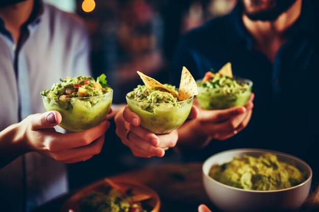 A group of friends enjoying guacamole and drinks at a backyard party