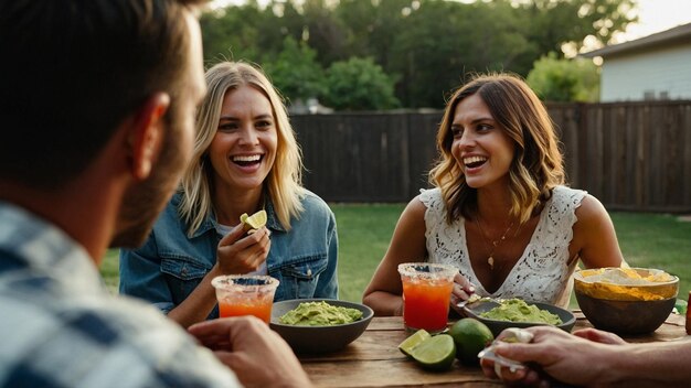 A group of friends enjoying guacamole and margaritas a