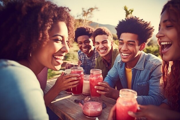 A group of friends enjoying guava juice at a picnic