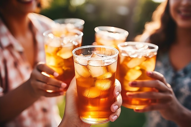 A group of friends enjoying iced tea on a rooftop terrace