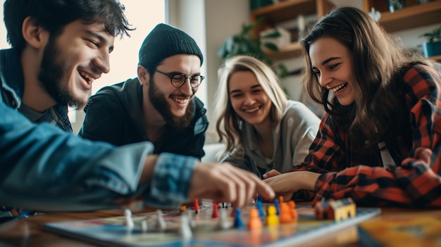 Foto un gruppo di amici che si godono un vivace gioco da tavolo in un caldo e accogliente salotto risate e cameratismo riempiono l'aria