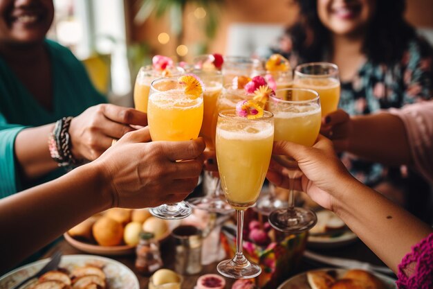 A group of friends enjoying a Mexican inspired brunch with mimosas