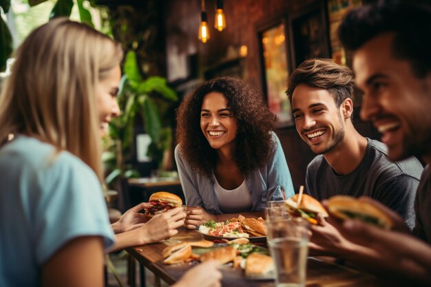 Photo a group of friends enjoying paninis at a cafe