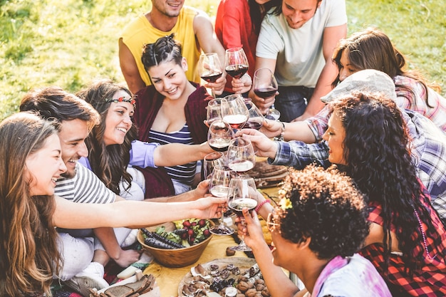 Gruppo di amici che godono del picnic mentre bevendo vino rosso e mangiando l'aperitivo degli spuntini all'aperto