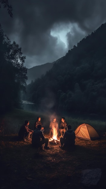 Group of friends enjoying their vacation near a campfire