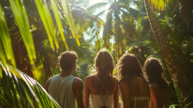 A group of friends enjoys the serene beauty of island oasis backs turned towards the camera as they
