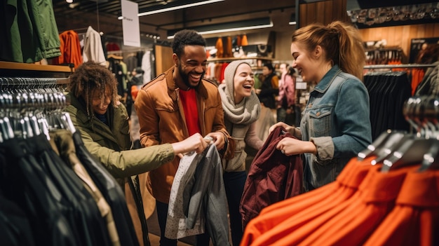 A group of friends excitedly browsing through racks of clothes on Black Friday