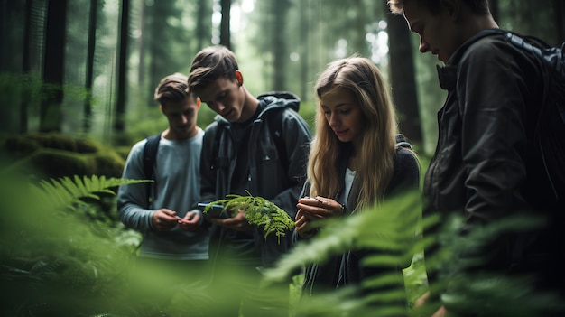 Photo group of friends exploring a forest and discovering nature