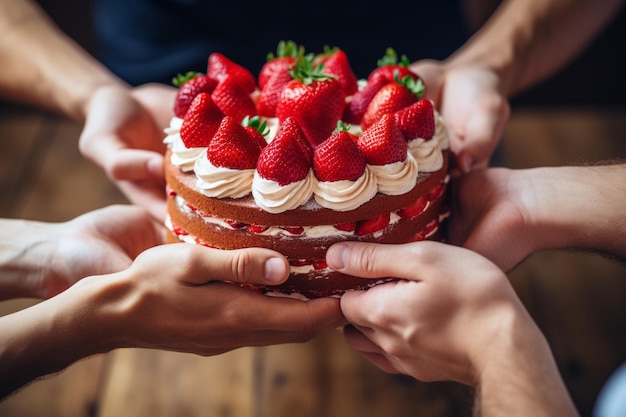 A group of friends or family celebrating with a strawberry cake