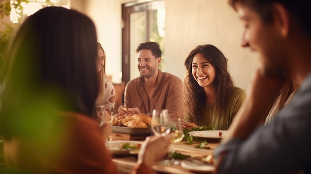 A group of friends or family gathered around a table enjoying a holiday meal